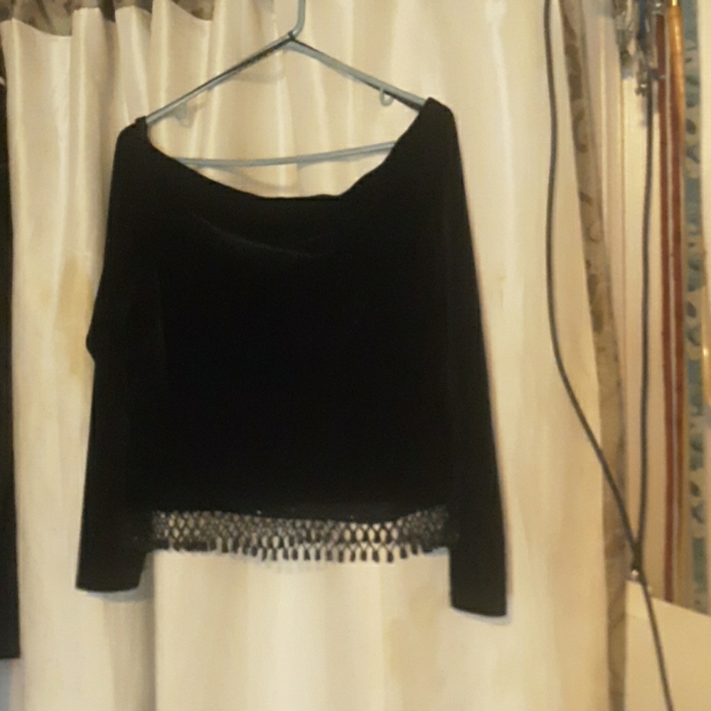 Black velvet two piece fringed skirt and top